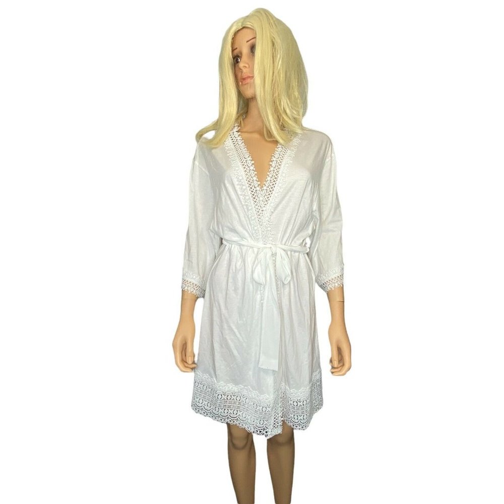 NWT Flora Nikrooz Womens Edie Cotton Lace Knit Short Wrap Robe S White MSRP $88 - Picture 2 of 12